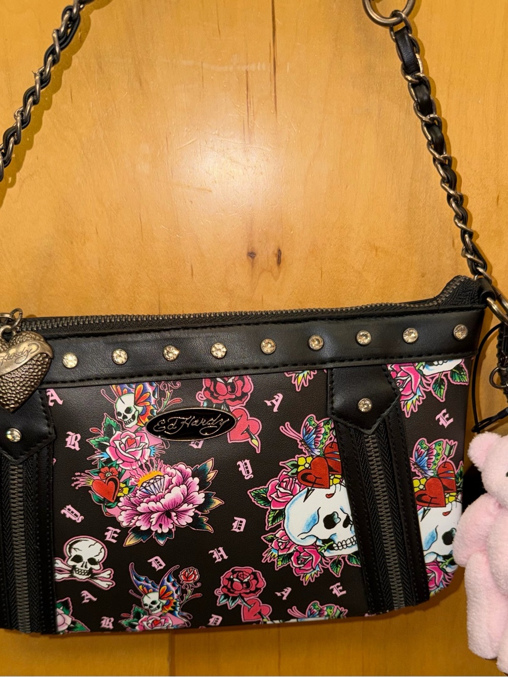 Ed Hardy Black Floral Skull Chain-Handle Shoulder Bag